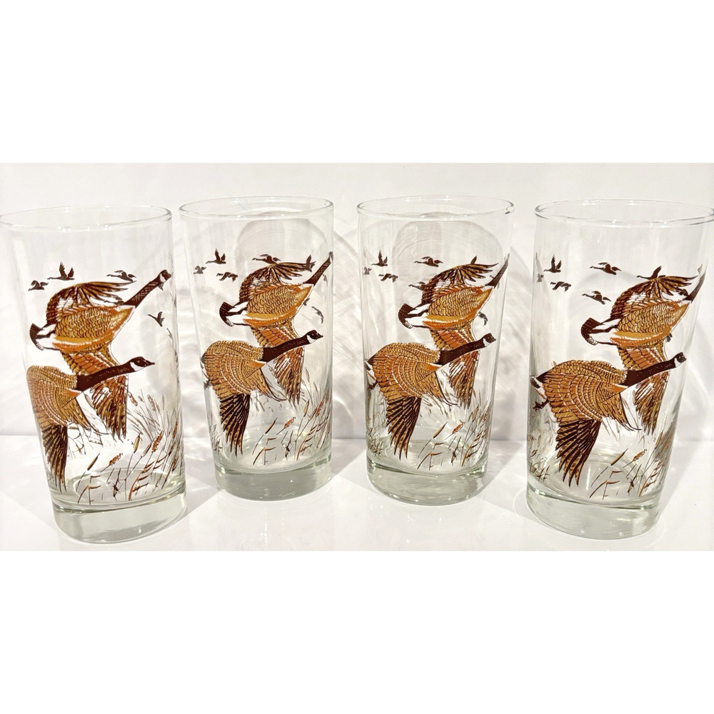 Libbey Canadian Geese In Flight Highball Glass Tumbler Set of 4 MCM Barware 12oz